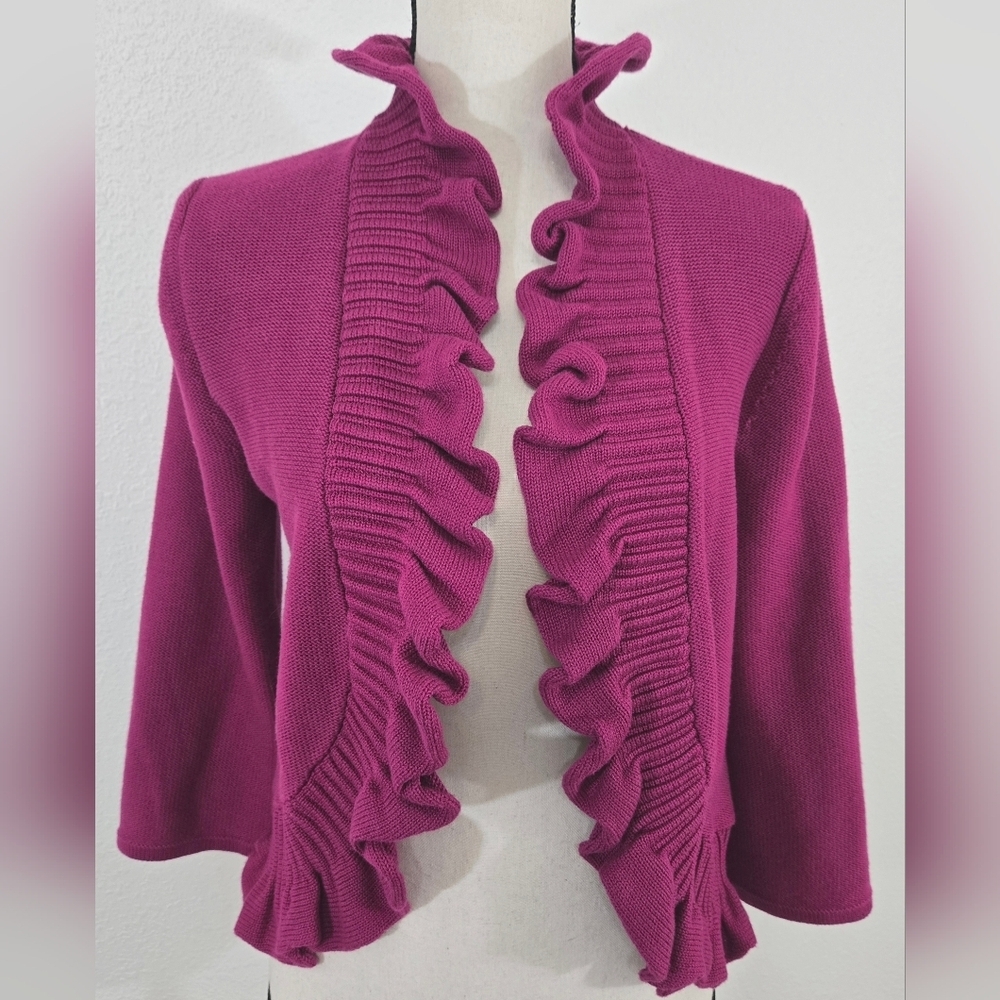Ruby Rd. Open Front Ruffled Cardigan Pink Purple Cottagecore Office Work, PL